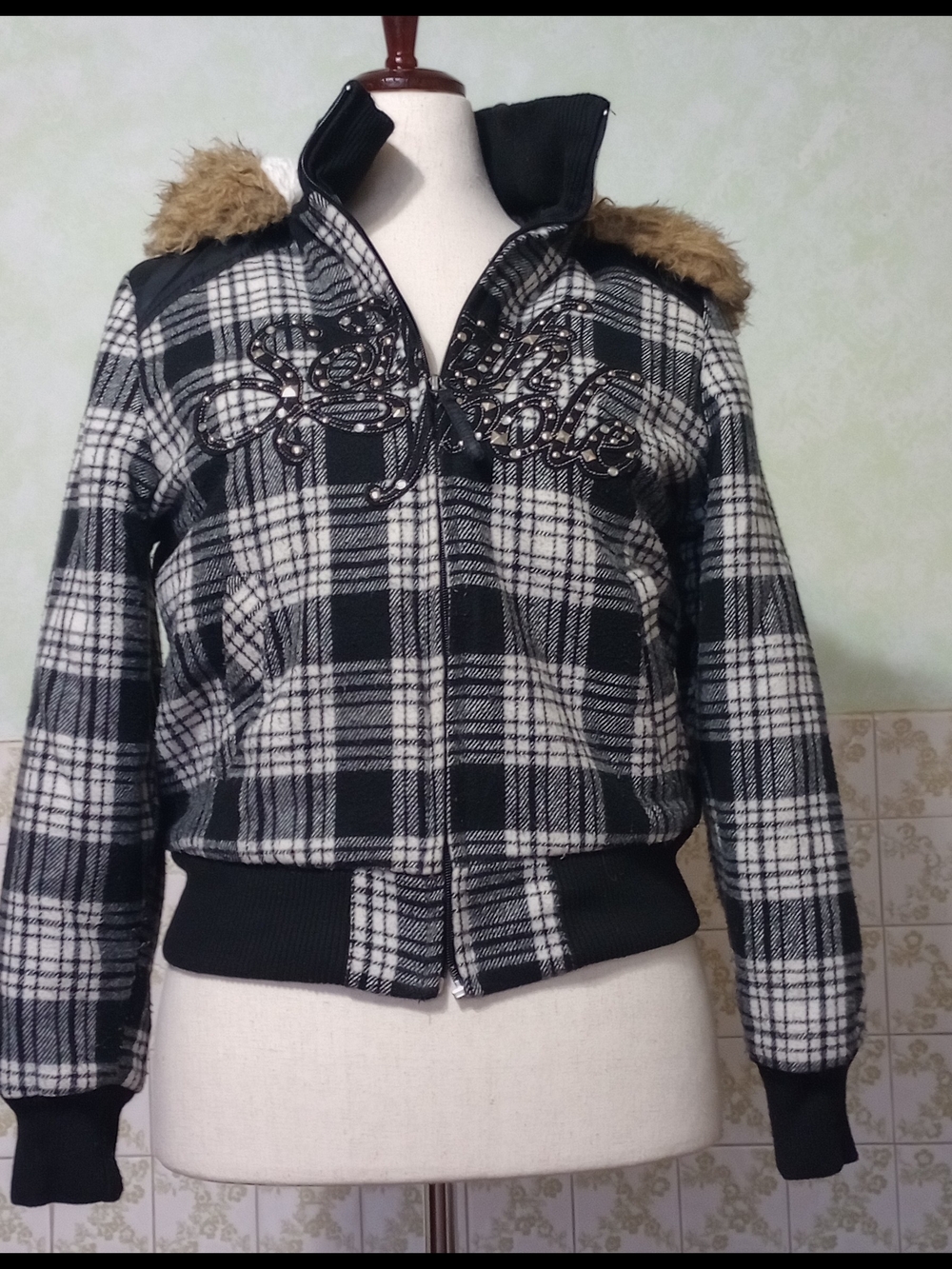 Black & White Plaid Bomber Jacket with Faux-Fur Trim